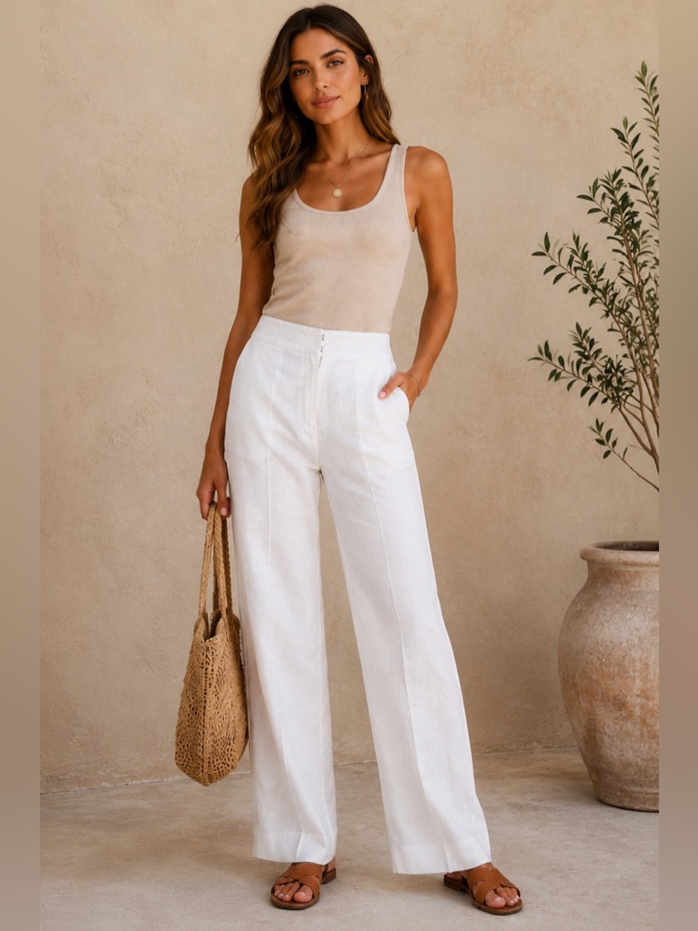Worthington White Linen Blend Wide Leg Pants Size 8 High Rise Career Coastal